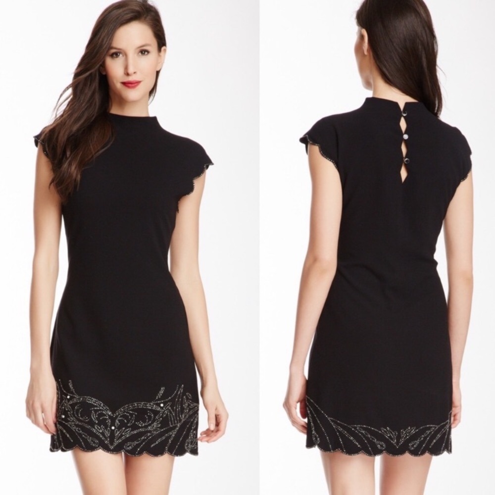 Ted Baker Black Cap-Sleeve Embellished Hem Dress